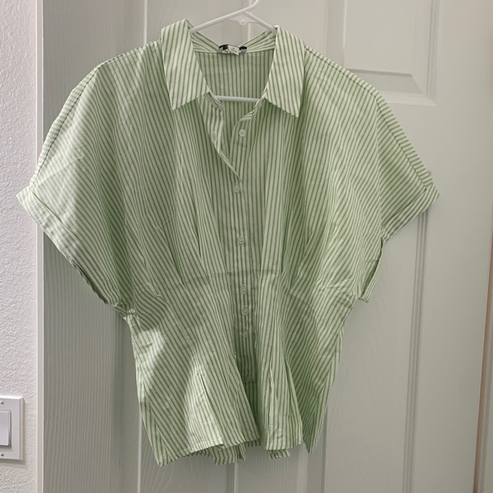 Light Green & White Striped Button-Front Blouse